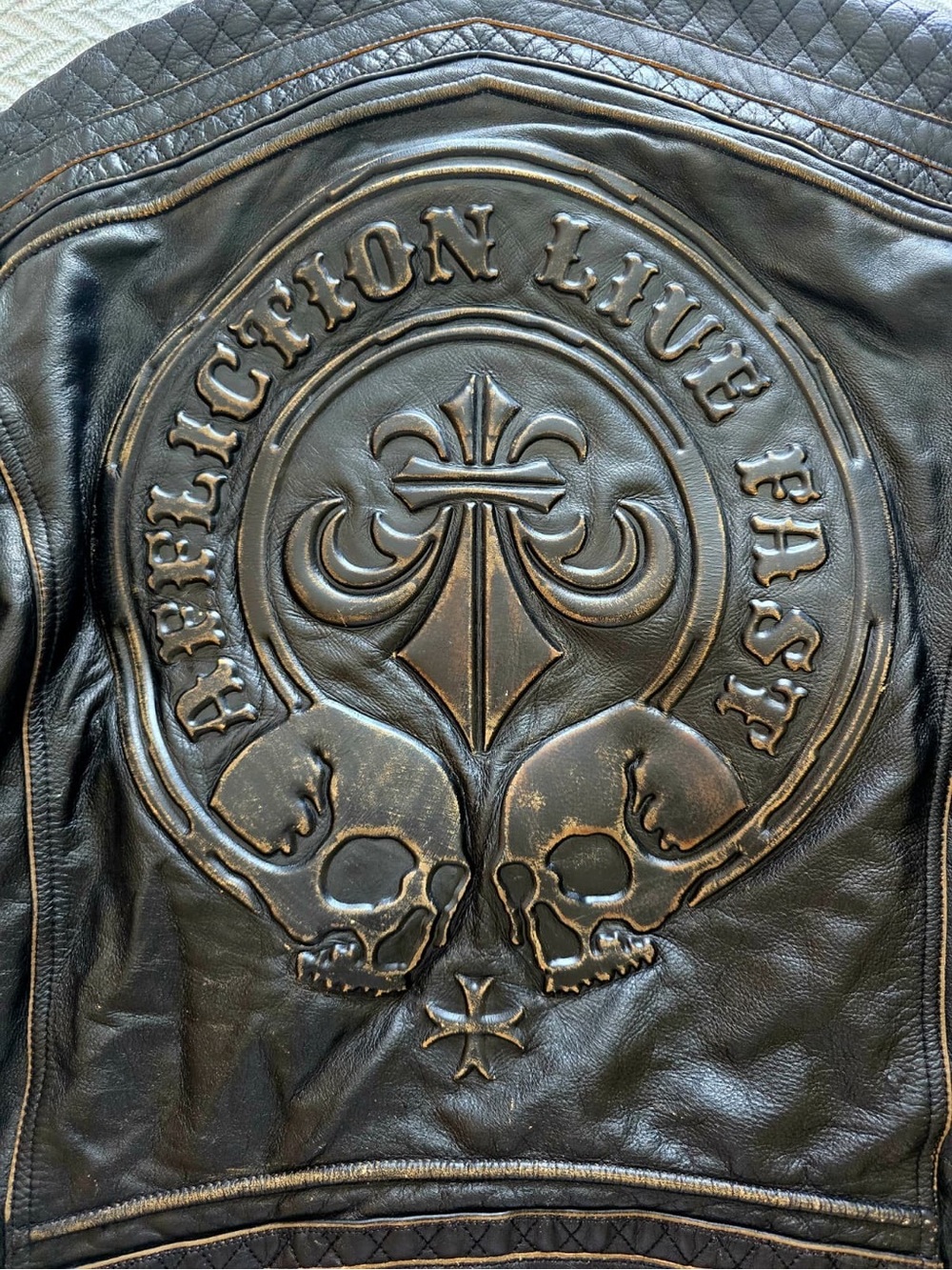 Affliction Dark Brown Embossed Leather Bomber Jacket. Limited Edition - Picture 2 of 15